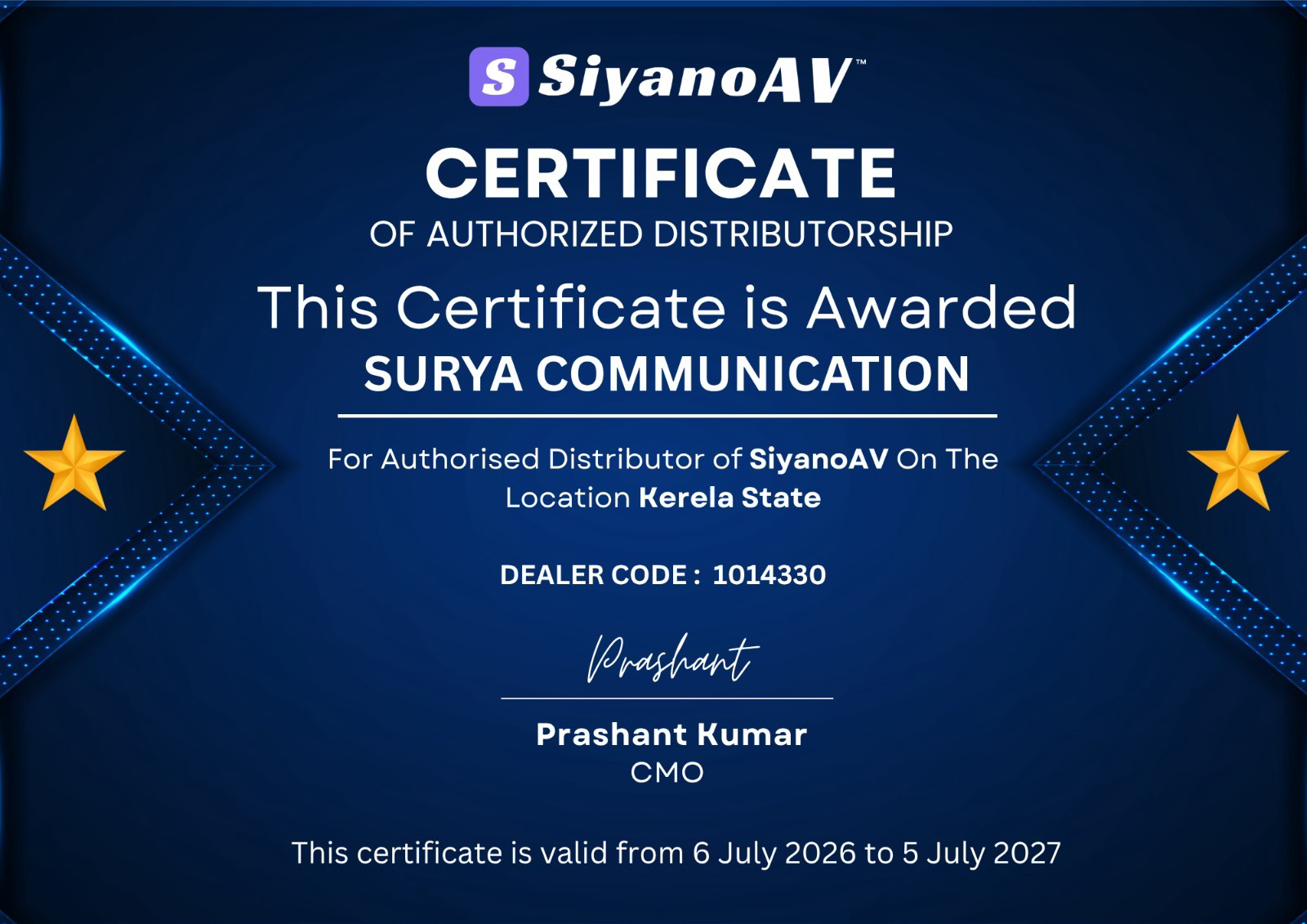 SiyanoAV Certificate of Authorized Distributorship presented to Surya Communication, Kerala State